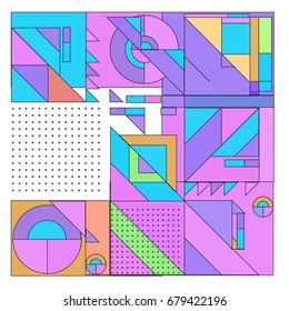 Trendy geometrical vector illustration with elements and abstract colorful textures. Design for summer holiday poster, card, brochure, and promotion template. Fashion art print and background.