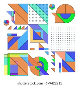 Trendy geometrical vector illustration with elements and abstract colorful textures. Design for summer holiday poster, card, brochure, and promotion template. Fashion art print and background.