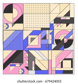Trendy geometrical vector illustration with elements and abstract colorful textures. Design for summer holiday poster, card, brochure, and promotion template. Fashion art print and background.