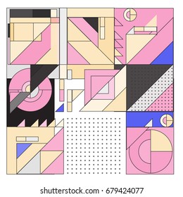 Trendy geometrical vector illustration with elements and abstract colorful textures. Design for summer holiday poster, card, brochure, and promotion template. Fashion art print and background.