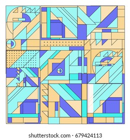 Trendy geometrical vector illustration with elements and abstract colorful textures. Design for summer holiday poster, card, brochure, and promotion template. Fashion art print and background.