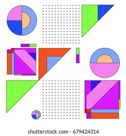 Trendy geometrical vector illustration with elements and abstract colorful textures. Design for summer holiday poster, card, brochure, and promotion template. Fashion art print and background.
