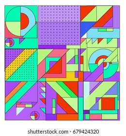 Trendy geometrical vector illustration with elements and abstract colorful textures. Design for summer holiday poster, card, brochure, and promotion template. Fashion art print and background.