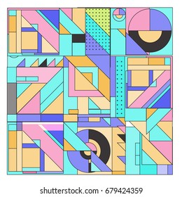 Trendy geometrical vector illustration with elements and abstract colorful textures. Design for summer holiday poster, card, brochure, and promotion template. Fashion art print and background.