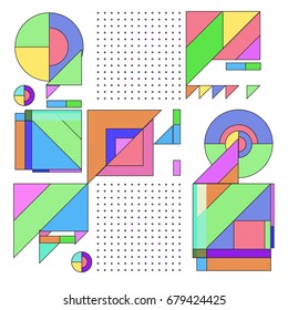 Trendy geometrical vector illustration with elements and abstract colorful textures. Design for summer holiday poster, card, brochure, and promotion template. Fashion art print and background.