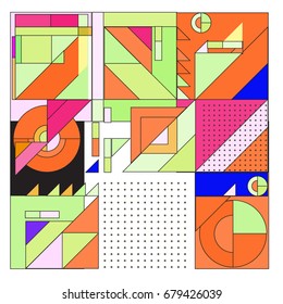 Trendy geometrical vector illustration with elements and abstract colorful textures. Design for summer holiday poster, card, brochure, and promotion template. Fashion art print and background.