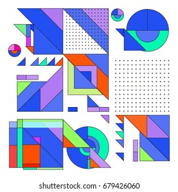 Trendy geometrical vector illustration with elements and abstract colorful textures. Design for summer holiday poster, card, brochure, and promotion template. Fashion art print and background.