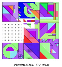 Trendy geometrical vector illustration with elements and abstract colorful textures. Design for summer holiday poster, card, brochure, and promotion template. Fashion art print and background.