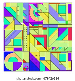 Trendy geometrical vector illustration with elements and abstract colorful textures. Design for summer holiday poster, card, brochure, and promotion template. Fashion art print and background.