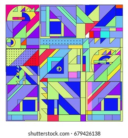 Trendy geometrical vector illustration with elements and abstract colorful textures. Design for summer holiday poster, card, brochure, and promotion template. Fashion art print and background.