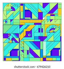 Trendy geometrical vector illustration with elements and abstract colorful textures. Design for summer holiday poster, card, brochure, and promotion template. Fashion art print and background.