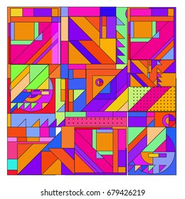 Trendy geometrical vector illustration with elements and abstract colorful textures. Design for summer holiday poster, card, brochure, and promotion template. Fashion art print and background.