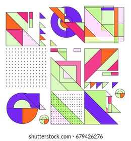 Trendy geometrical vector illustration with elements and abstract colorful textures. Design for summer holiday poster, card, brochure, and promotion template. Fashion art print and background.