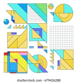 Trendy geometrical vector illustration with elements and abstract colorful textures. Design for summer holiday poster, card, brochure, and promotion template. Fashion art print and background.