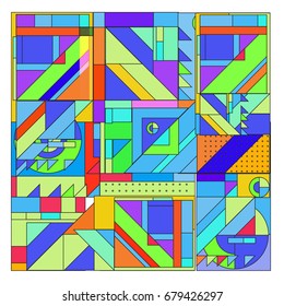 Trendy geometrical vector illustration with elements and abstract colorful textures. Design for summer holiday poster, card, brochure, and promotion template. Fashion art print and background.