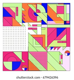 Trendy geometrical vector illustration with elements and abstract colorful textures. Design for summer holiday poster, card, brochure, and promotion template. Fashion art print and background.