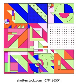 Trendy geometrical vector illustration with elements and abstract colorful textures. Design for summer holiday poster, card, brochure, and promotion template. Fashion art print and background.