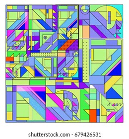 Trendy geometrical vector illustration with elements and abstract colorful textures. Design for summer holiday poster, card, brochure, and promotion template. Fashion art print and background.