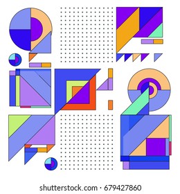 Trendy geometrical vector illustration with elements and abstract colorful textures. Design for summer holiday poster, card, brochure, and promotion template. Fashion art print and background.
