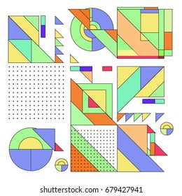 Trendy geometrical vector illustration with elements and abstract colorful textures. Design for summer holiday poster, card, brochure, and promotion template. Fashion art print and background.
