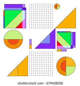 Trendy geometrical vector illustration with elements and abstract colorful textures. Design for summer holiday poster, card, brochure, and promotion template. Fashion art print and background.