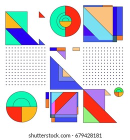 Trendy geometrical vector illustration with elements and abstract colorful textures. Design for summer holiday poster, card, brochure, and promotion template. Fashion art print and background.