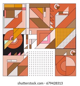 Trendy geometrical vector illustration with elements and abstract colorful textures. Design for summer holiday poster, card, brochure, and promotion template. Fashion art print and background.