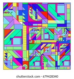 Trendy geometrical vector illustration with elements and abstract colorful textures. Design for summer holiday poster, card, brochure, and promotion template. Fashion art print and background.