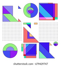 Trendy geometrical vector illustration with elements and abstract colorful textures. Design for summer holiday poster, card, brochure, and promotion template. Fashion art print and background.