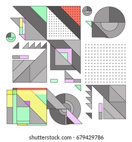 Trendy geometrical vector illustration with elements and abstract colorful textures. Design for summer holiday poster, card, brochure, and promotion template. Fashion art print and background.