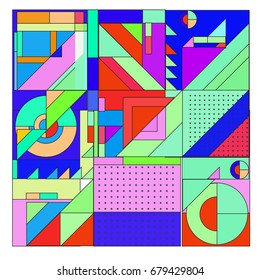 Trendy geometrische Vektorgrafik mit Elementen und abstrakten bunten Texturen. Design für Poster, Karten, Broschüren und Werbevorlagen für Sommerferien. Modedruck und Hintergrund.