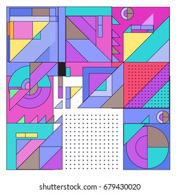 Trendy geometrical vector illustration with elements and abstract colorful textures. Design for summer holiday poster, card, brochure, and promotion template. Fashion art print and background.