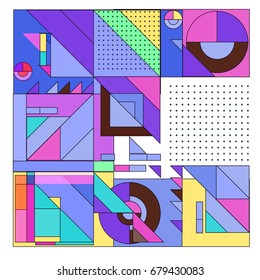 Trendy geometrical vector illustration with elements and abstract colorful textures. Design for summer holiday poster, card, brochure, and promotion template. Fashion art print and background.
