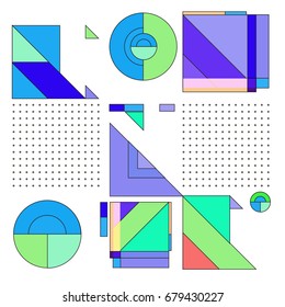 Trendy geometrical vector illustration with elements and abstract colorful textures. Design for summer holiday poster, card, brochure, and promotion template. Fashion art print and background.