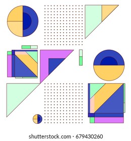 Trendy geometrical vector illustration with elements and abstract colorful textures. Design for summer holiday poster, card, brochure, and promotion template. Fashion art print and background.