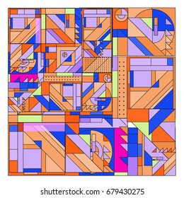 Trendy geometrical vector illustration with elements and abstract colorful textures. Design for summer holiday poster, card, brochure, and promotion template. Fashion art print and background.