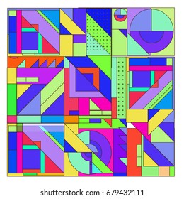 Trendy geometrical vector illustration with elements and abstract colorful textures. Design for summer holiday poster, card, brochure, and promotion template. Fashion art print and background.