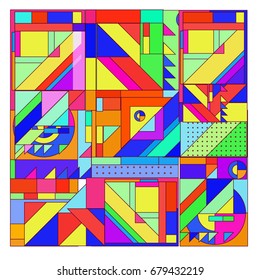 Trendy geometrical vector illustration with elements and abstract colorful textures. Design for summer holiday poster, card, brochure, and promotion template. Fashion art print and background.
