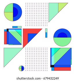 Trendy geometrical vector illustration with elements and abstract colorful textures. Design for summer holiday poster, card, brochure, and promotion template. Fashion art print and background.
