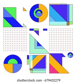 Trendy geometrical vector illustration with elements and abstract colorful textures. Design for summer holiday poster, card, brochure, and promotion template. Fashion art print and background.