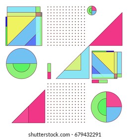 Trendy geometrical vector illustration with elements and abstract colorful textures. Design for summer holiday poster, card, brochure, and promotion template. Fashion art print and background.