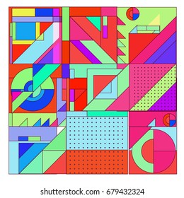 Trendy geometrical vector illustration with elements and abstract colorful textures. Design for summer holiday poster, card, brochure, and promotion template. Fashion art print and background.