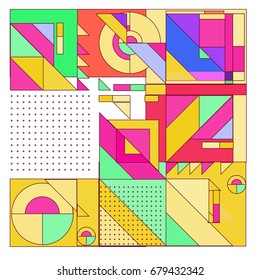Trendy geometrical vector illustration with elements and abstract colorful textures. Design for summer holiday poster, card, brochure, and promotion template. Fashion art print and background.