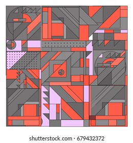 Trendy geometrical vector illustration with elements and abstract colorful textures. Design for summer holiday poster, card, brochure, and promotion template. Fashion art print and background.