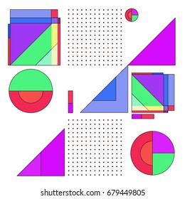 Trendy geometrical vector illustration with elements and abstract colorful textures. Design for summer holiday poster, card, brochure, and promotion template. Fashion art print and background.