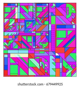 Trendy geometrical vector illustration with elements and abstract colorful textures. Design for summer holiday poster, card, brochure, and promotion template. Fashion art print and background.