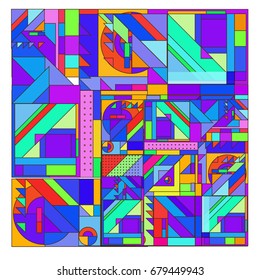 Trendy geometrical vector illustration with elements and abstract colorful textures. Design for summer holiday poster, card, brochure, and promotion template. Fashion art print and background.