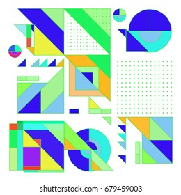 Trendy geometrical vector illustration with elements and abstract colorful textures. Design for summer holiday poster, card, brochure, and promotion template. Fashion art print and background.