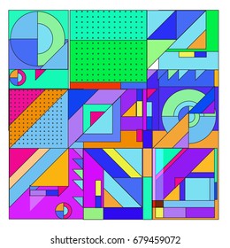 Trendy geometrical vector illustration with elements and abstract colorful textures. Design for summer holiday poster, card, brochure, and promotion template. Fashion art print and background.