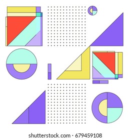 Trendy geometrical vector illustration with elements and abstract colorful textures. Design for summer holiday poster, card, brochure, and promotion template. Fashion art print and background.